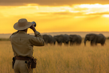 Wildlife ranger observing a herd of elephants in the African savanna at sunset, symbolizing the protection of endangered species Generative AI