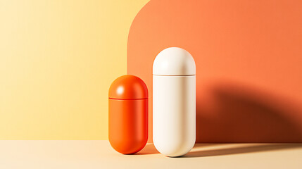 Red and white capsule pill on a neutral background suggests modern medicine and minimalism