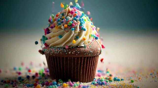 Colorful sprinkles falling on delicious cupcake in slow motion