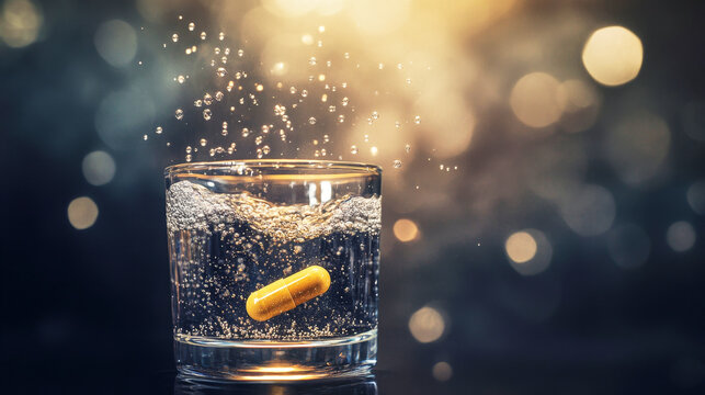 Pill dissolving in water creates bubbly surreal effects in a glass