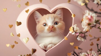Adorable kitten nestled in a heart-shaped haven, surrounded by love.