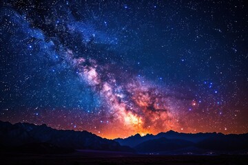 Starry night sky with a mountain range and a bright star filled sky