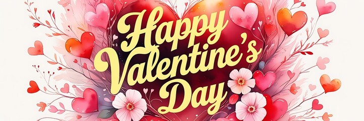 Obraz premium Whimsical Valentine's watercolor art with yellow cursive lettering, soft pink florals, hearts, and romantic background, valentines web banner, web poster