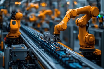 Fototapeta premium Robotic arms working on assembly line in modern factory