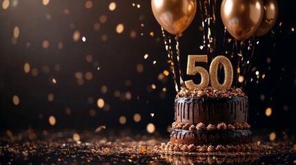 A decadent chocolate cake celebrates a 50th birthday with golden balloons and confetti.
