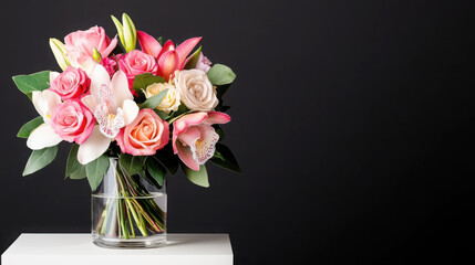 Fototapeta premium Elegant floral arrangement with luxurious roses and lilies in a clear vase for special occasions