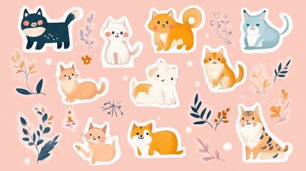 Fototapeta premium Adorable collection of cute cat stickers, perfect for decorating planners or laptops.