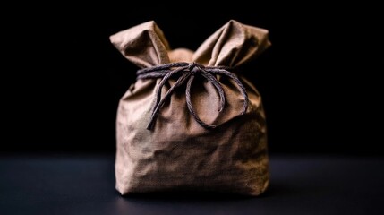Rustic burlap pouch with tied cord on black background