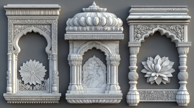 Indian temple decorative architectural elements displayed on gray background