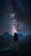 In the dark night, there is an expansive valley in front of towering mountains under a starry sky
