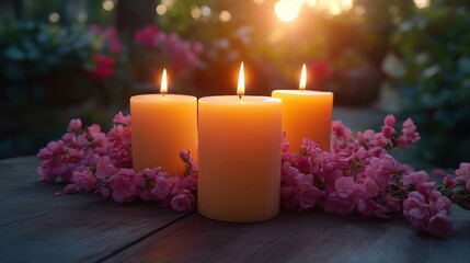 Three lit candles surrounded by pink flowers on a wooden table during sunset in a serene garden