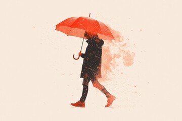 Silhouette of a Person Walking With an Umbrella in Rain on a Bright White Background Showcasing Minimalistic Style and Studio Lighting