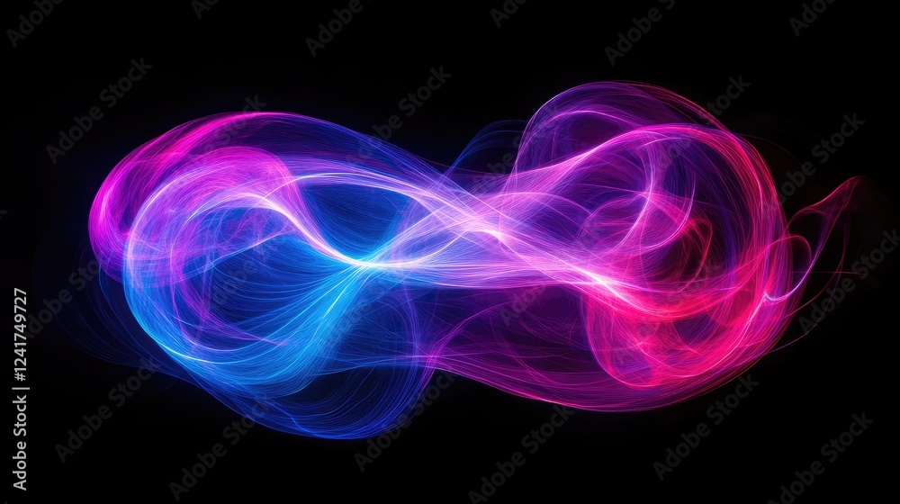 Poster abstract pink and blue intertwined waves creating an infinity symbol on black background