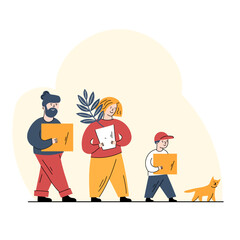 Happy Moving: Family with Boxes and a Cat