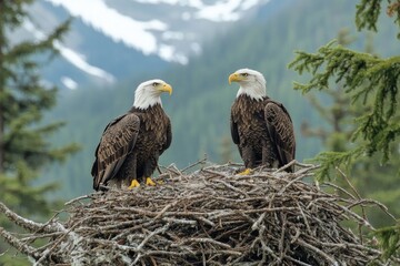 Majestic bald eagles perched on mountain nest
