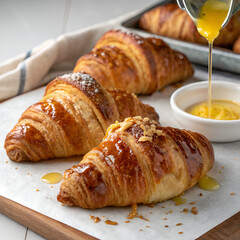 Freshly baked croissants drizzled with honey on a wooden platter with a small bowl of mustard