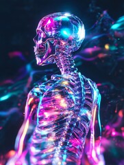 Obraz premium Neon Skeleton Anatomy - A vibrant, colorful 3D of a translucent skeleton glowing with neon lights, set against a dark background.