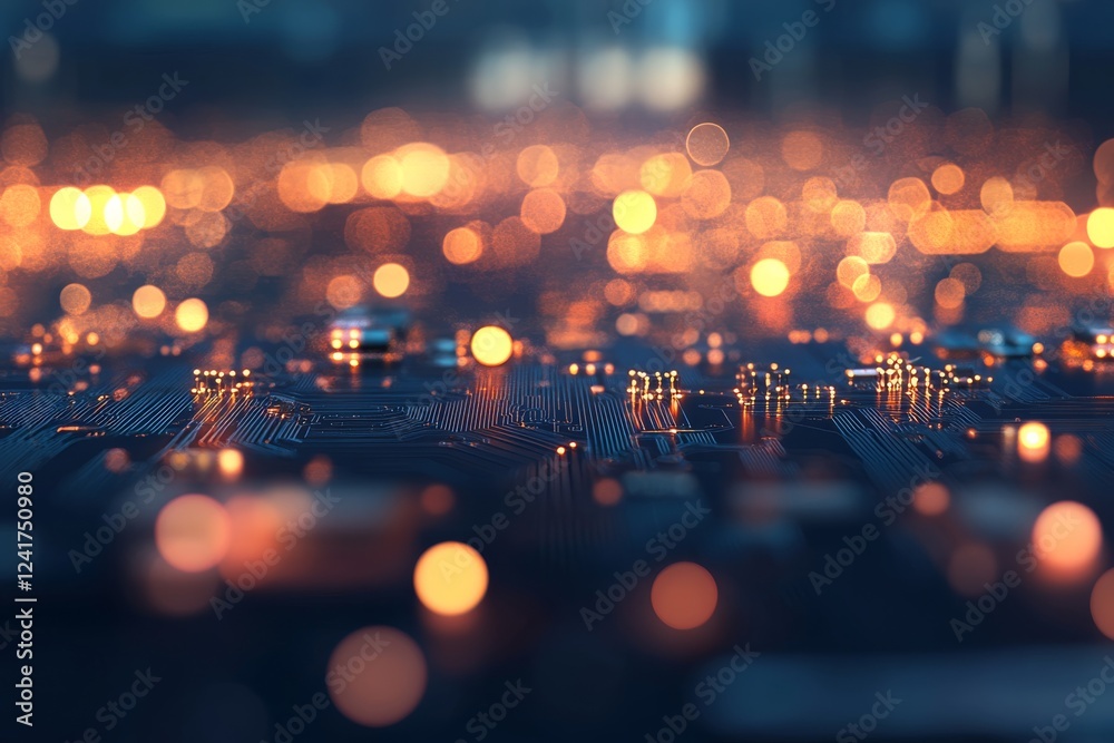 Aufkleber Intricate components and soldering points of an electronic circuit board are highlighted against a blurred digital technology-themed backdrop, providing ample copy space