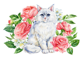 Adorable cat. Vibrant flowers watercolor illustration of fluffy kittens with botanical floral for prints and home decor