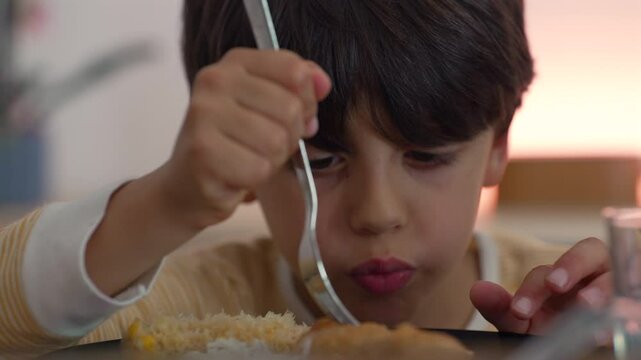Young boy eating with a spoon, enthusiastic expression, close-up of meal interaction, enjoying homemade food, demonstrating dining etiquette and family mealtime