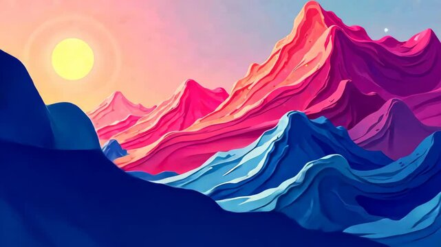 Serene Video Of Abstract Landscape With Silken Gradients And Gentle Transitions, Creating A Sense Of Harmony And Balance. Sun shining bright over pink mountains.
