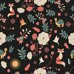 Ornamental seamless pattern of flowers and animals for fables and fairy tales. Vintage style storybook cover, wrapping paper or fantasy background