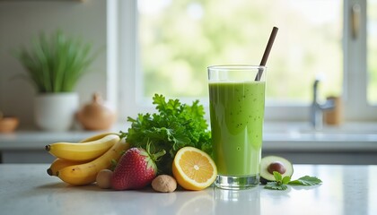 Fototapeta premium Fresh Green Smoothie with Fruits and Herbs on Kitchen Counter, Promoting Healthy Lifestyle