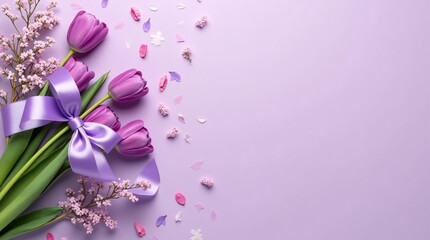 Fototapeta premium purple tulip and purple ribbon with space text