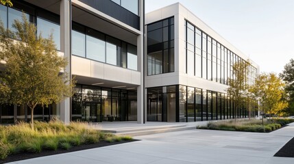 A large building with a lot of windows and a green area in front of it. The building is white and has a modern design