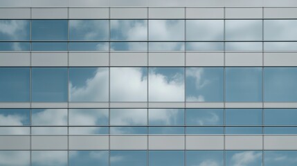 A building with a lot of windows and a cloudy sky in the background. The sky is blue and the clouds are white
