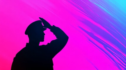 Officer Saluting Abstract - Silhouette of an officer saluting against a vibrant pink and blue abstract background.  Powerful image symbolizing service and duty.