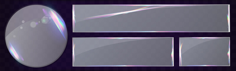 Transparent glass panels with reflections and iridescent light effects on dark background.