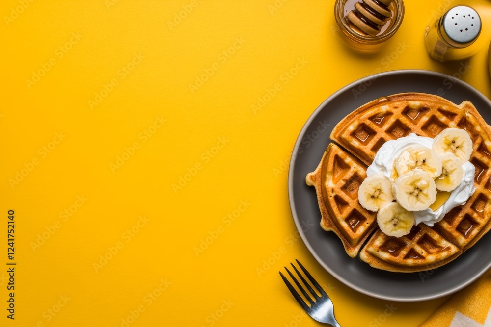 Poster golden waffles are adorned with whipped cream, banana slices, and honey, set against a vibrant yello