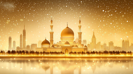 Obraz premium Stunning Golden Mosque with Illuminated City Skyline and Shimmering Lights