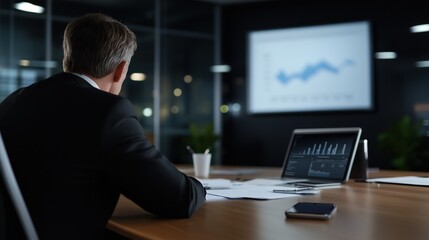 A man in a suit is sitting at a desk in front of a computer monitor. He is looking at the screen, which displays a graph. The room is dimly lit, and there is a potted plant in the corner