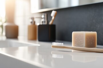 Close-up of a tidy bathroom counter featuring toothbrushes, soap, and toothpaste, with clear space on the right for additional text or details about products