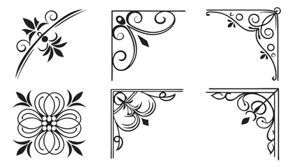 Adobe IllustraFloral Corner Decoration Elements - Black and White Vector Arttor Artwork