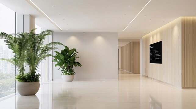 A large, empty room with a black television mounted on the wall. The room is decorated with potted plants and has a modern, minimalist design