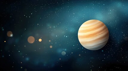   An artistically rendered depiction of a distant planet surrounded by twinkling celestial bodies, with a hazy depiction of the planet in focus in the foreground