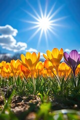 Fototapeta premium Yellow crocuses blooming under the bright spring sun