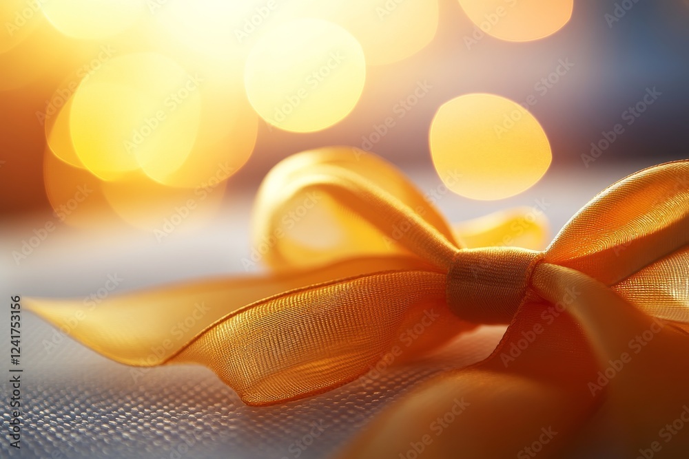Poster Shiny golden bow with intricate loops and tails rests on a textured white surface, enhanced by soft lighting and ample copy space for creative use
