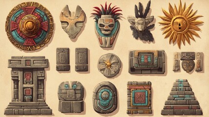 Mayan-style game assets;  ancient architecture, symbols, and artifacts on parchment background for game design