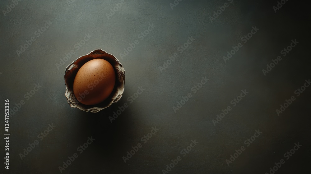 Poster single brown egg rests in a cardboard holder on a dark textured surface, surrounded by subtle shadow