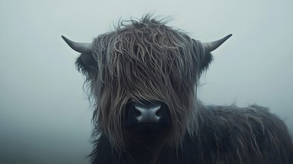 A highland cow with long, shaggy hair and large horns
