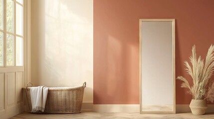 Fototapeta premium A spacious room featuring a giant mirror, a wicker basket, and a vase filled with greenery on the ground
