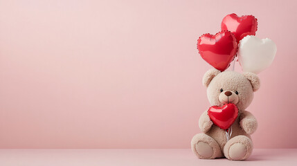 Fototapeta premium A teddy bear holding a red heart-shaped balloon with two other heart-shaped balloons in the background, symbolizing love and affection, perfect for Valentine's Day.