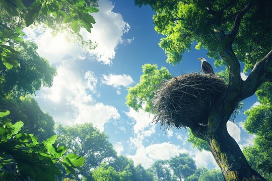 Majestic eagle perched on a large nest atop a tall tree, surrounded by lush green foliage and a bright blue sky with scattered clouds