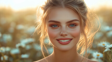 Radiant Young Woman Smiling in a Sunlit Field with Golden Light and Natural Beauty

