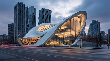 Obraz premium Modern building twilight cityscape architectural design urban night