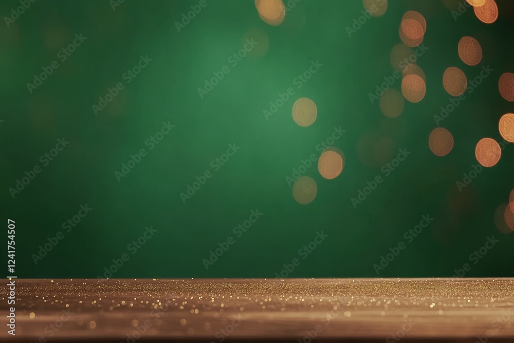 Poster Defocused emerald green gradient blends with delicate gold sparkles, providing an elegant backdrop ideal for abstract banner design and copy placement